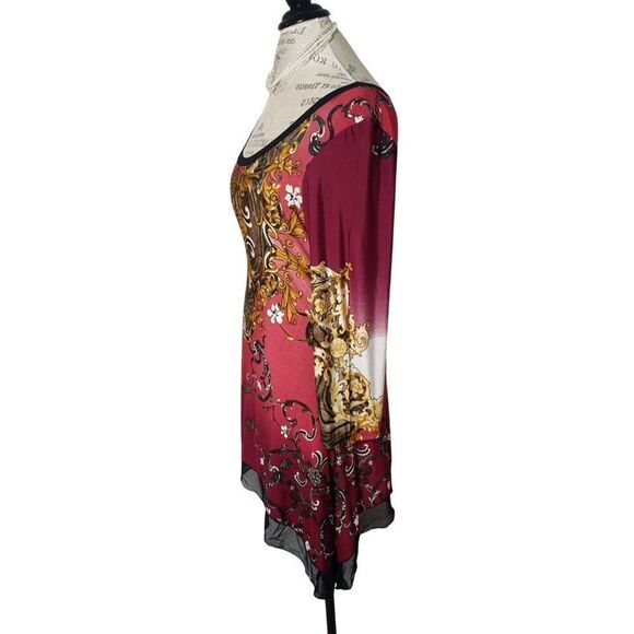 Womens Baroque Boho Tunic Dress L Burgundy Gold Sheer Hem Stretch Eclectic - Picture 4 of 5